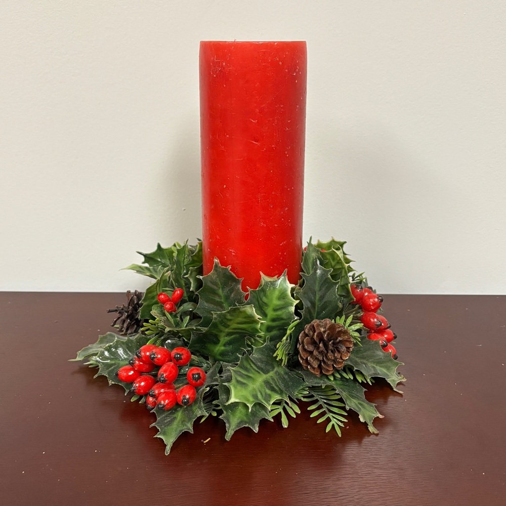 Vintage Plastic Holly Faux Pine Candle Wreath: Midcentury Christmas Centerpiece